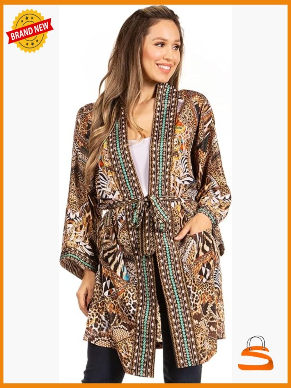 Lightweight Open-Front Cardigan with Pockets 3/4 Sleeve Loose Fit